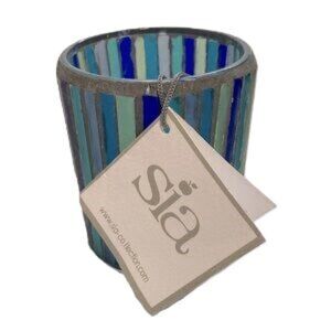 RAINBOW Blue Green Art Deco Glass Votive or Tea Candle Holder 3.25 x 2.5 inches